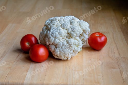 Preview: Fresh Cauliflower and Tomatoes on a Wood Surface