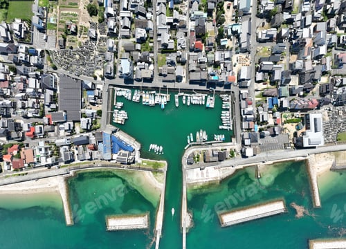 Preview: Aerial top view of Yanagihara Harbour on a sunny day