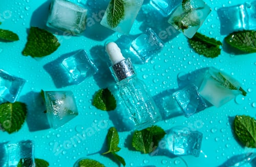 Preview: Bottle with cosmetics on a mint background with ice cubes and lemon. Selective focus.