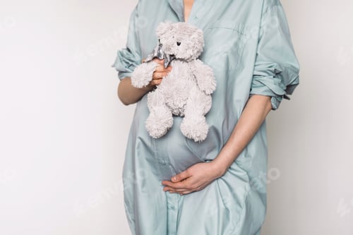 Preview: Pregnant girl touching belly and teddy bear toy resting. Woman expecting baby