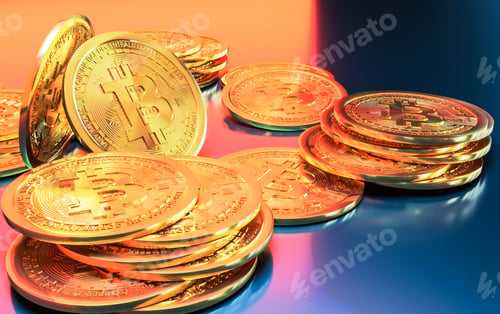 Preview: Cryptocurrency Bitcoin golden coins spilling on the table
