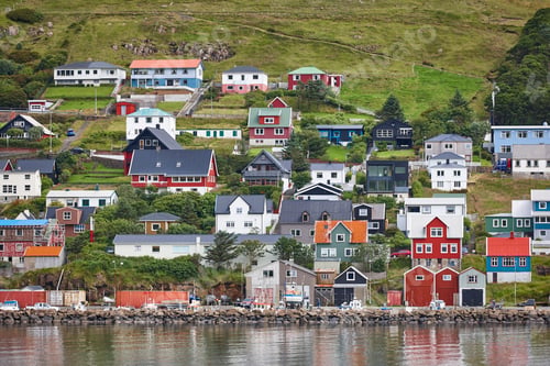 Preview: Traditional faroese village in Suduroy island. Fjord landscape. Tvoroyri