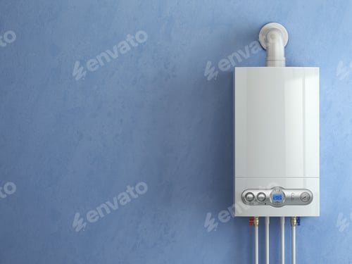 Preview: Gas boiler on blue background. Gas boiler home heating.
