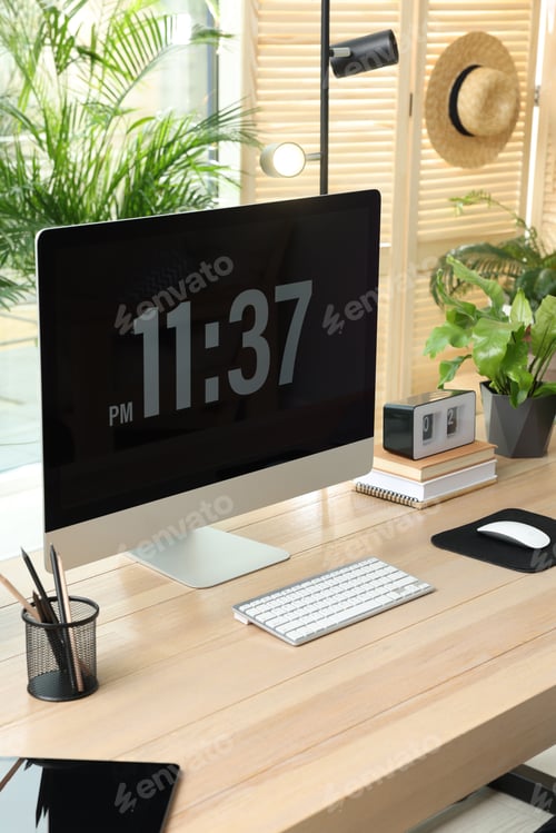 Preview: Comfortable workplace with computer in light room. Interior design