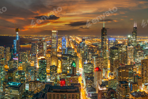 Preview: Top view of Chicago cityscape and skyscraper at the night time, USA downtown skyline