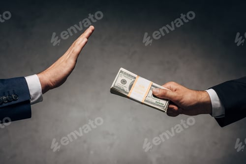 Preview: cropped view man giving bribe to business partner gesturing on grey