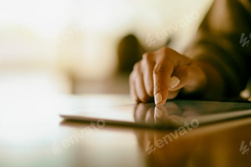 Preview: Closeup image of a woman pointing finger at tablet pc on wooden table