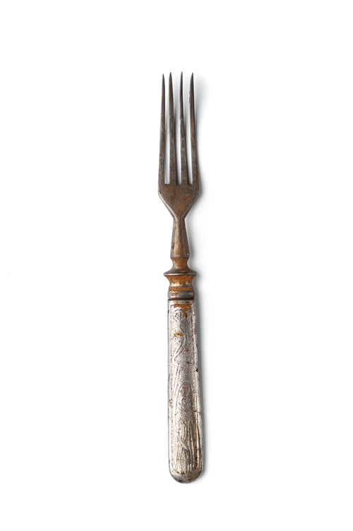 Preview: Old rusty dessert fork in a classic style. Isolated on white bac