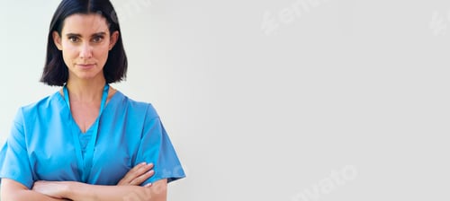 Preview: Portrait Of Mature Serious Female Doctor With Security Lanyard Wearing Scrubs In Hospital