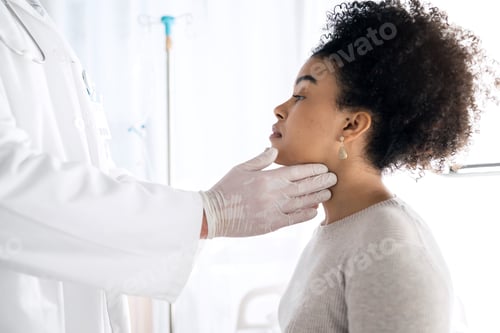 Preview: Doctor hands, people and check neck, examine throat or help with vocal injury, tonsils or lymph nod
