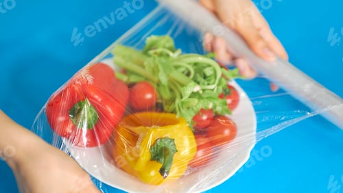 Preview: Woman using food film for food storage on a white table.