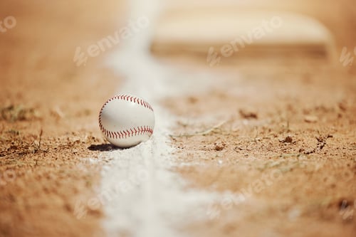 Preview: Baseball, chalk line and ball on field before sports game, training and practice. Competition, moti