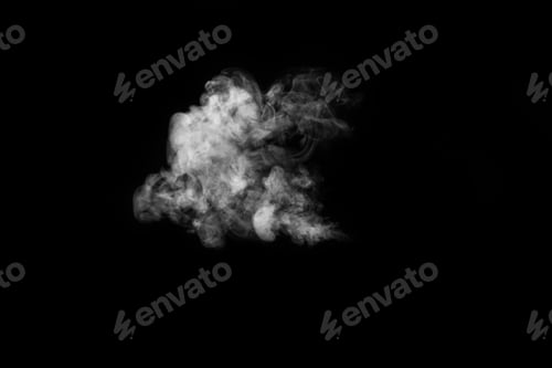 Preview: White smoke vapor in the form of a flying cloud is isolated on a black background. Smoky background.