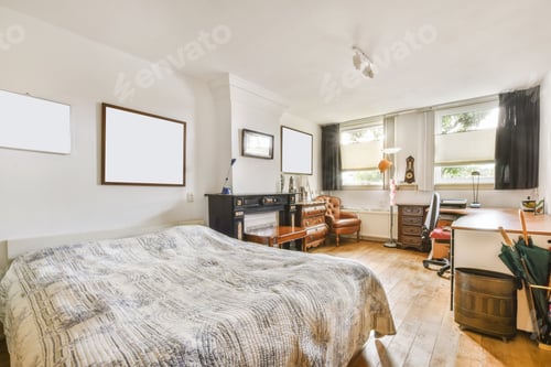 Preview: Nice bedroom with many paintings on the wall