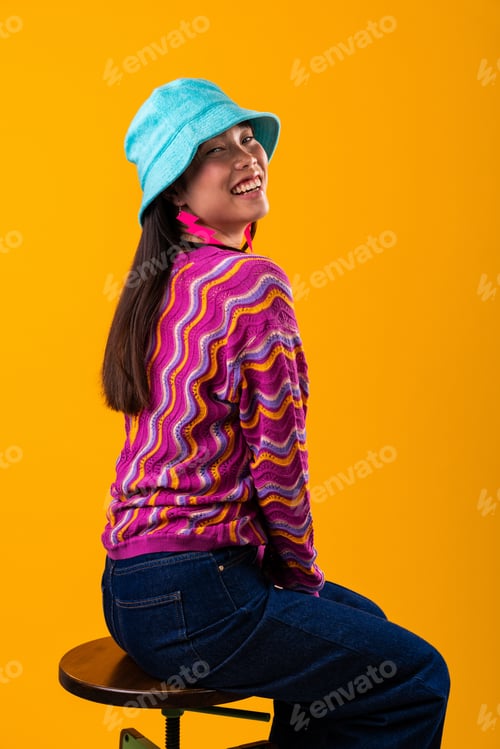 Preview: Beautiful asian woman portrait, asian woman smiling colorful fashion portrait