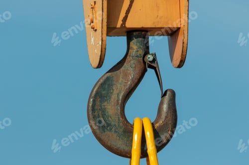 Preview: Close-up of a gantry crane hook against a blue sky.