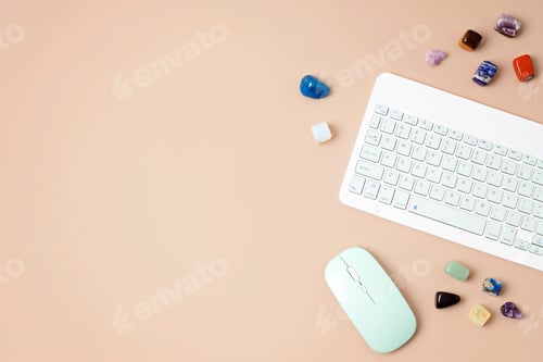 Preview: Healing chakra crystals and computer keyboard. Online application for rituals with gemstones