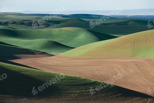 Preview: A view over green rolling hills and farmed fields.