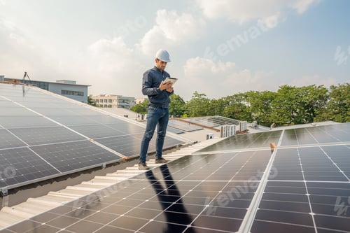 Preview: Service Engineer use tablet working inspection installation solar cell.