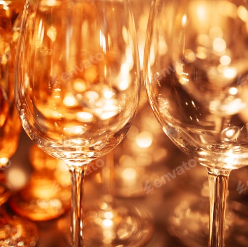 Preview: Extrime closeup of empty champagne glasses in a row. Wine goblet at wedding reception