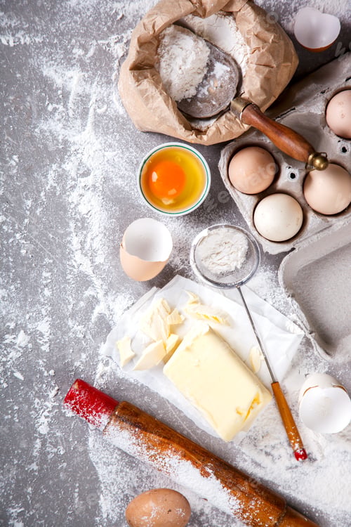 Preview: Background Baking Ingredients Flour Eggs Butter.