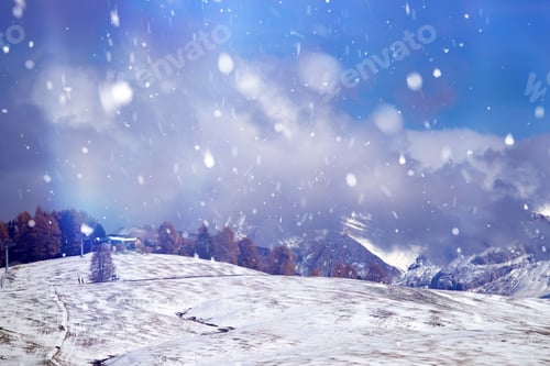 Preview: Snowfall at Alpe de Siusi in the sunset.