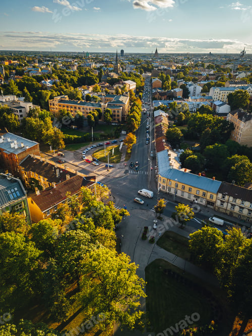Preview: Road junction in a European city with its evening traffic, Riga, Latvia