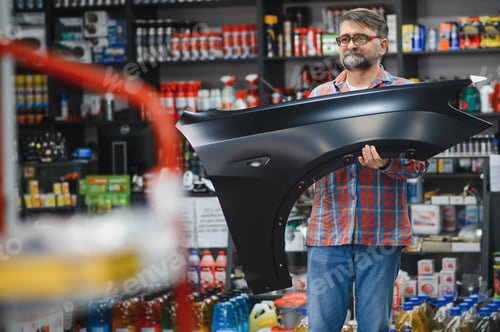 Preview: Salesman holding car fender in auto parts store