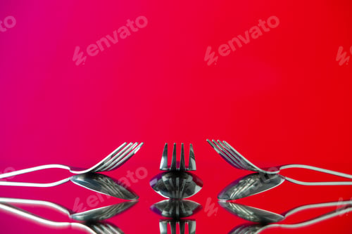 Preview: front view metal forks on red-pink background cutlery kitchen food color photo table dinner