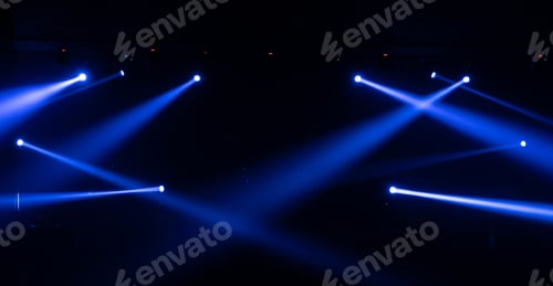 Preview: Empty stage concert with lighting laser beam spotlight show in disco pub club bar for party music