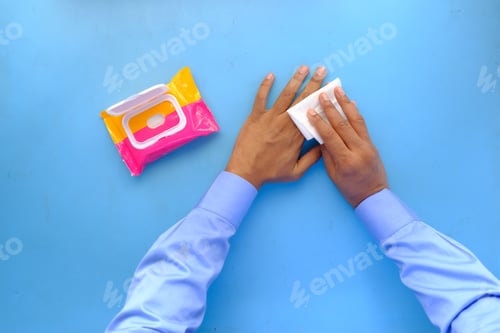 Vista previa: man disinfecting his hands with a wet wipe on blue background