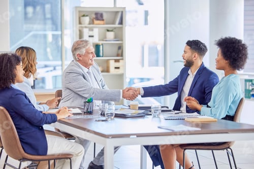 Preview: Handshake, acquisition or happy senior business people at investment deal, b2b contract agreement o