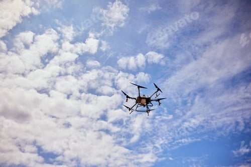 Preview: Photo of an agro drone flying above fields, spraying during the blooming season.