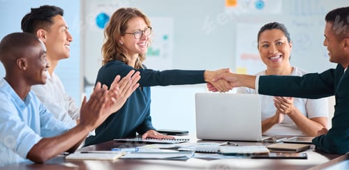 Preview: Business people handshake collaboration, thank you and contract in meeting with diversity, teamwork