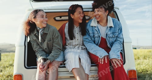 Preview: Friends, road trip and van with women, laugh and joy for journey and countryside travel. Group, smi