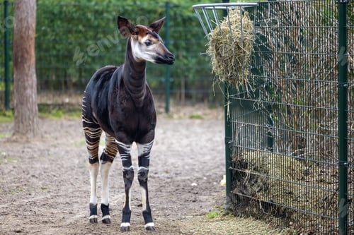 Preview: Okapi standing in the dry terrain next to a metal cage