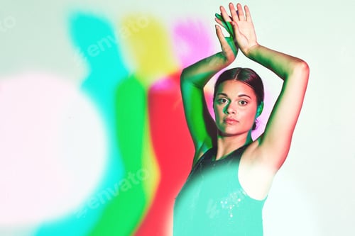 Preview: Portrait, dance or kaleidoscope and a ballet woman in studio on a white background with a colorful