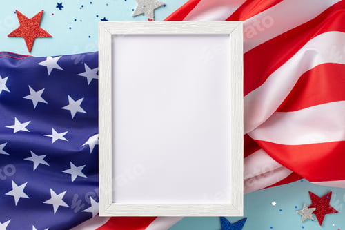 Preview: The fourth of july celebration concept. Above view photo empty rectangular frame surrounded by red