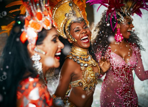 Preview: Cropped shot of three beautiful samba dancers performing in a carnival with their band