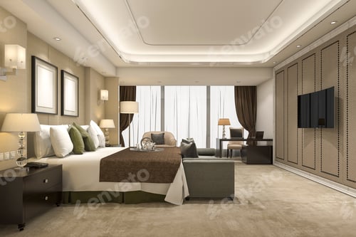 Preview: 3d rendering luxury modern bedroom suite in hotel and resort