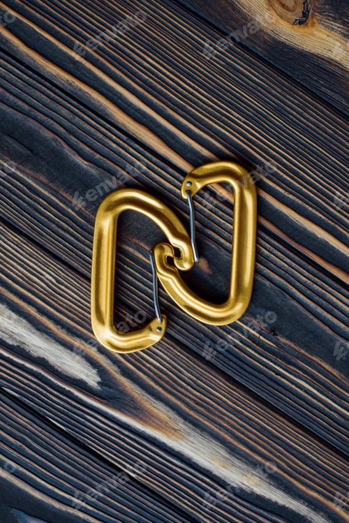 Preview: Locking system. Isolated photo of climbing equipment. Parts of carabiners lying on the wooden table