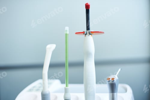 Preview: Dental tools displayed on a tray in a modern clinic used for patient treatment and examination