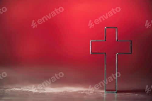 Preview: Silhouette of christian cross on red background, soft bokeh lights background. Copy space. Church