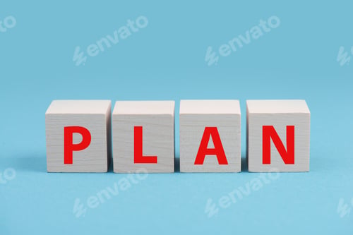 Preview: The word plan is standing on wooden cubes in red color