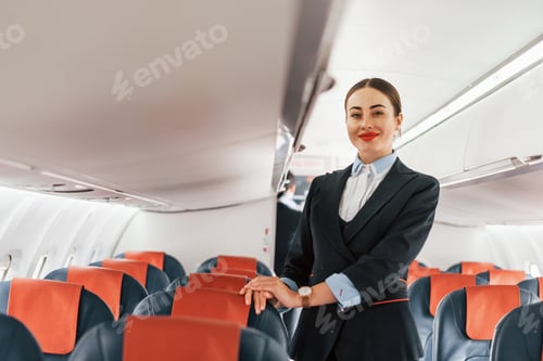 Preview: Young stewardess that is in formal black clothes is standing indoors in the plane