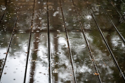 Preview: Rain drops on wet wooden floor of patio
