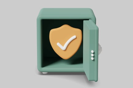 Safe with open door and shield with checkmark inside