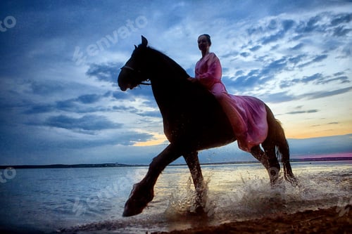 Preview: sunset, a beautiful girl rides a horse along the lake