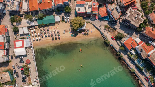 Preview: Top aerial view to the town beach in Skala Marion beach ai Thassos island, Greece