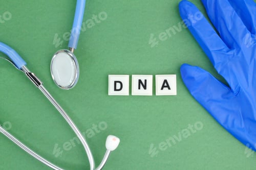 Preview: stethoscope, gloves with DNA letters. science concept or DNA. research concept